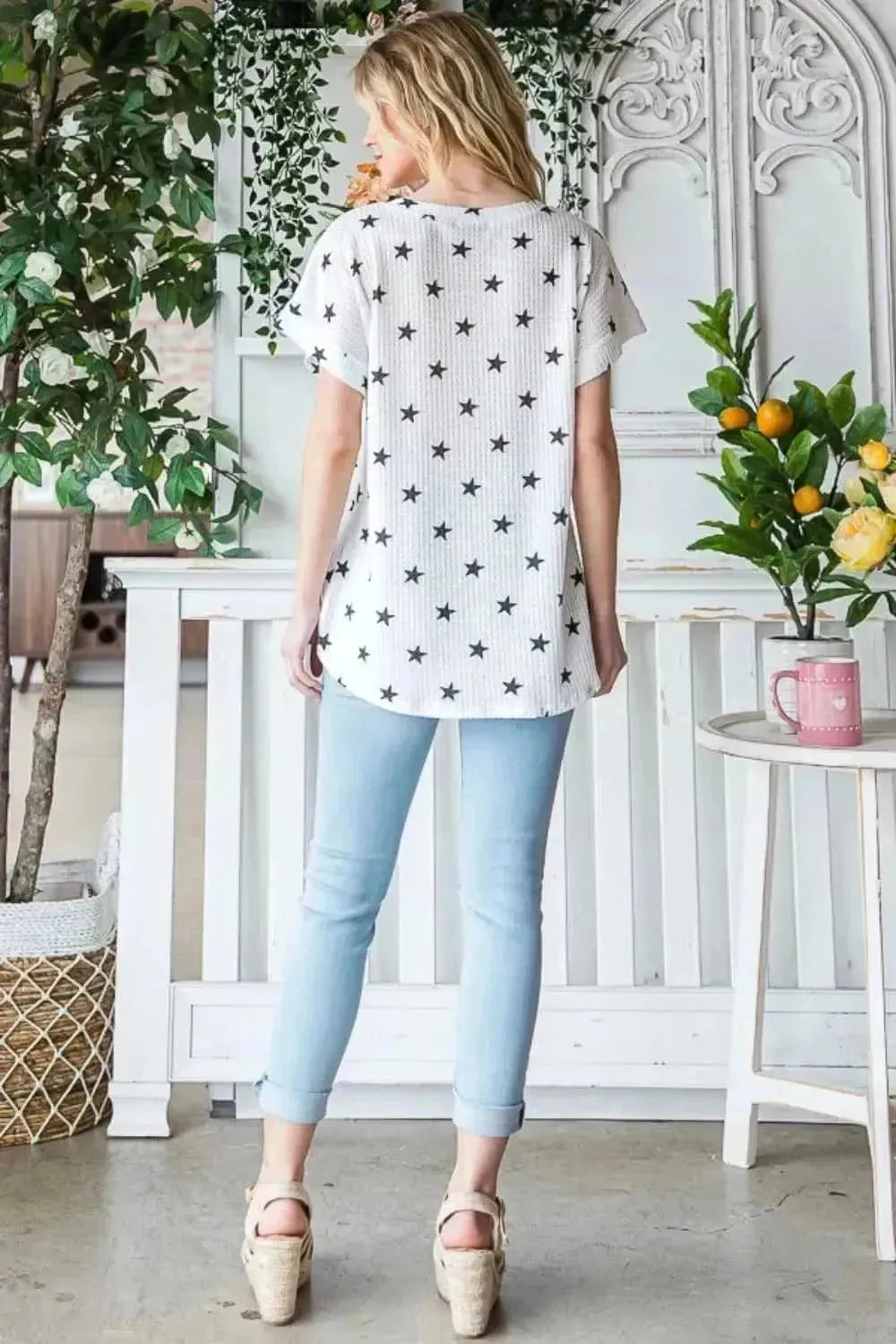 Heimish Full Size Star Print Short Sleeve V-Neck Waffle Knit T-Shirt - Bad Moms Club