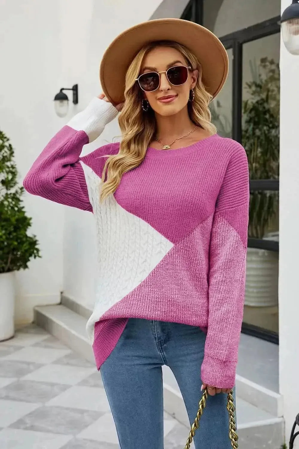 Color Block Round Neck Sweater - Bad Moms Club