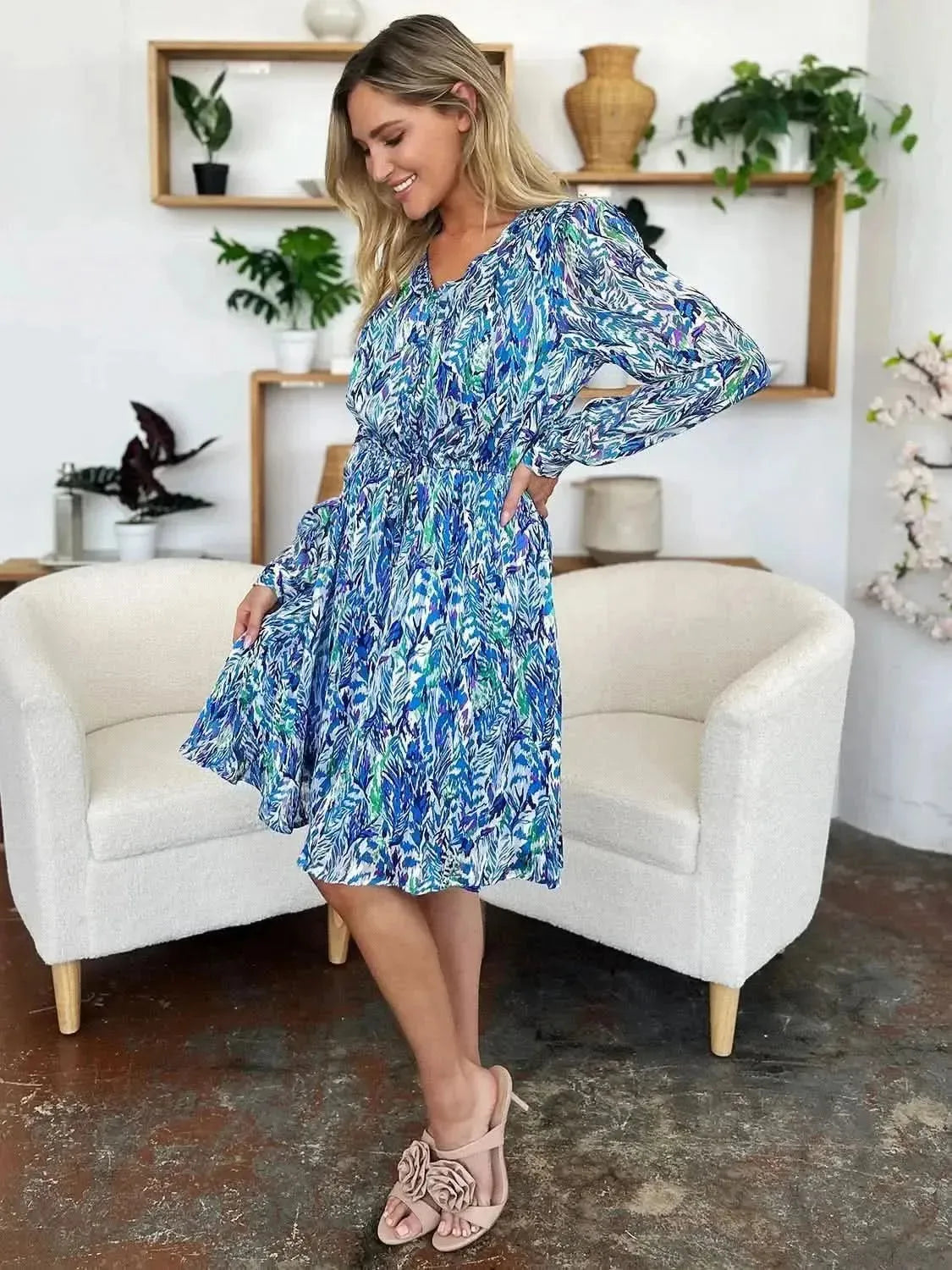 Double Take Full Size Printed Drawstring Waist Long Sleeve Dress - Bad Moms Club