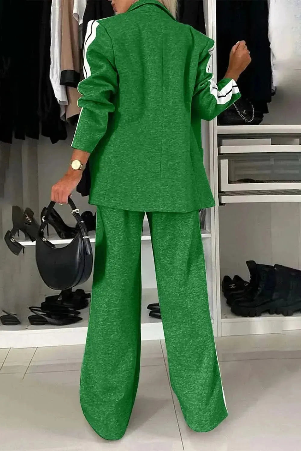 Full Size Contrast Lapel Collar Top and Pants Set - Bad Moms Club