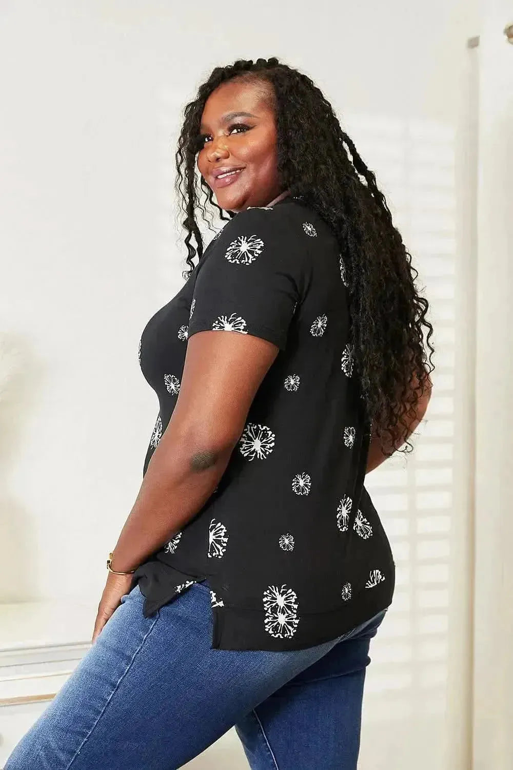 Double Take Dandelion Print Round Neck T-Shirt - Bad Moms Club