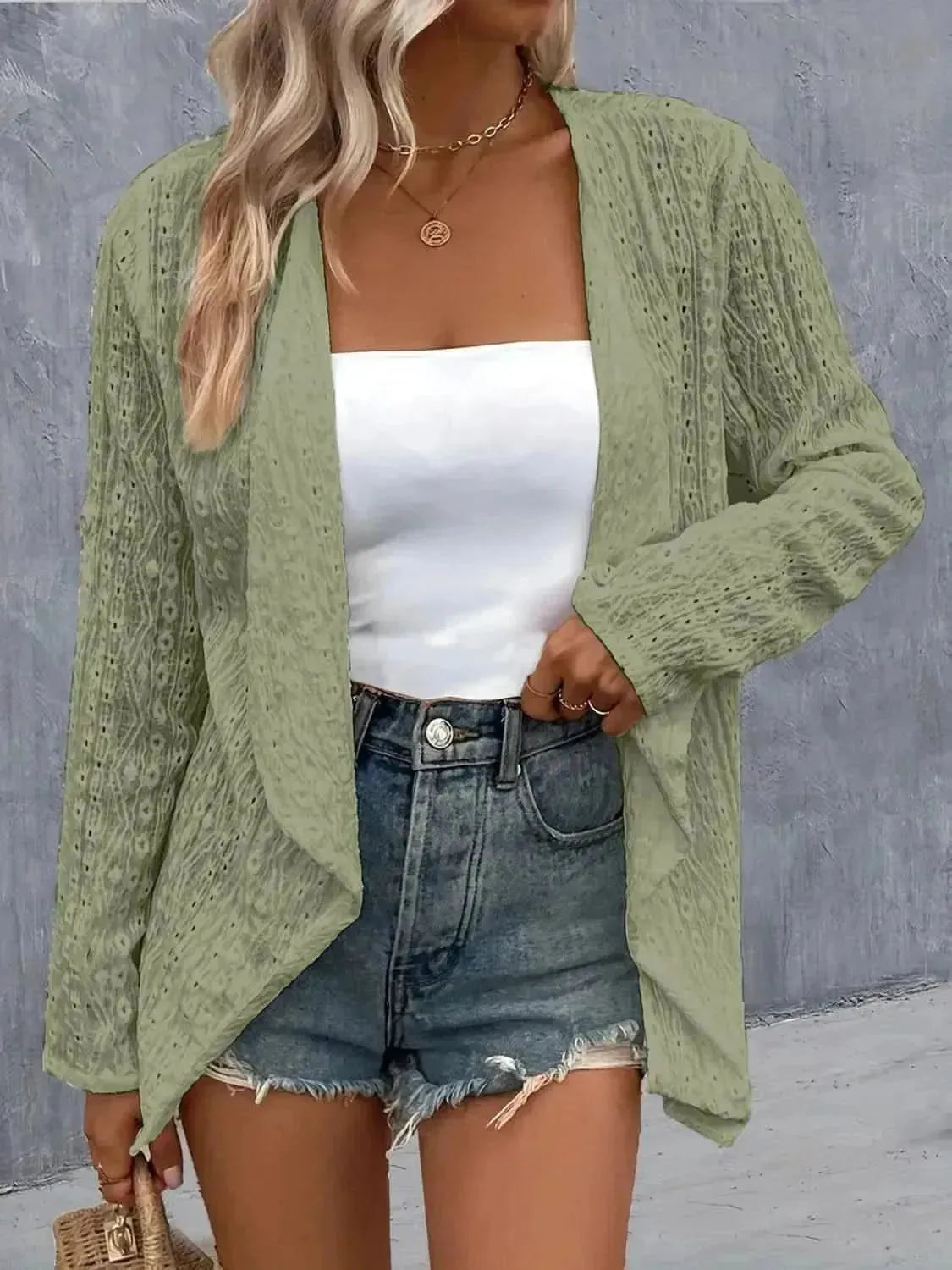 Eyelet Roll-Tab Sleeve Cardigan - Bad Moms Club
