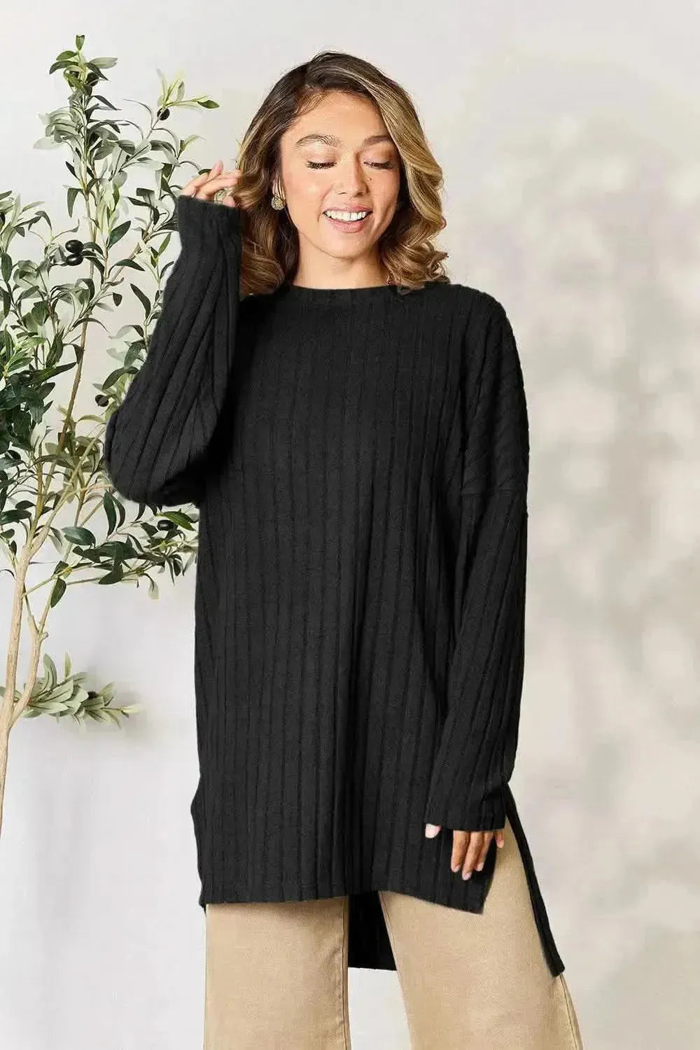Basic Bae Full Size Ribbed Round Neck Long Sleeve Slit Top - Bad Moms Club