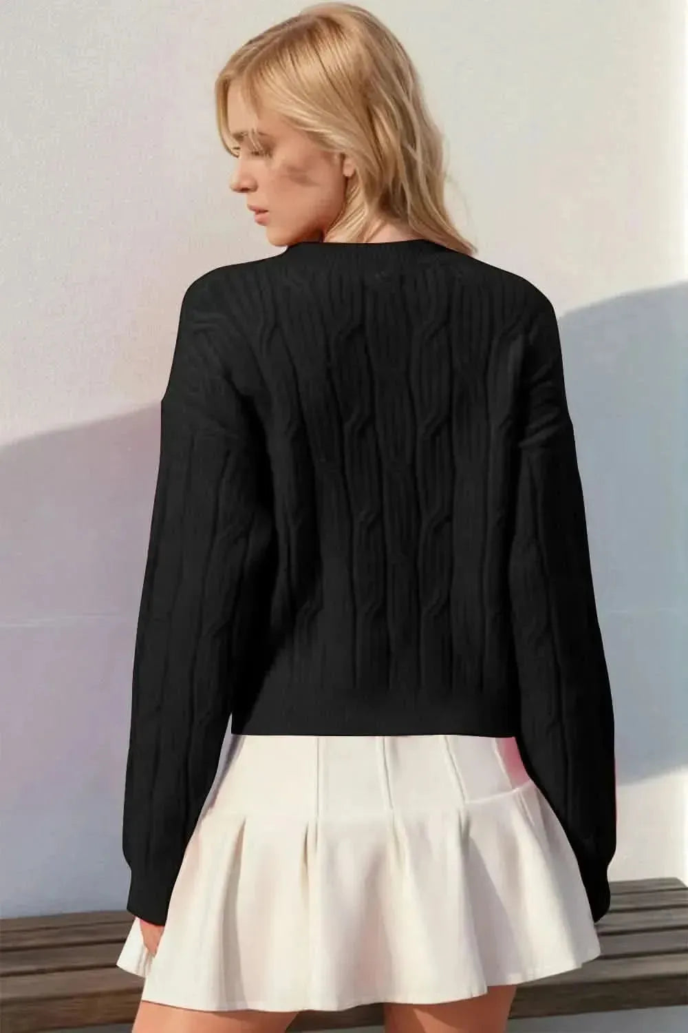 Double Take Full Size Bow Cable-Knit Round Neck Sweater - Bad Moms Club