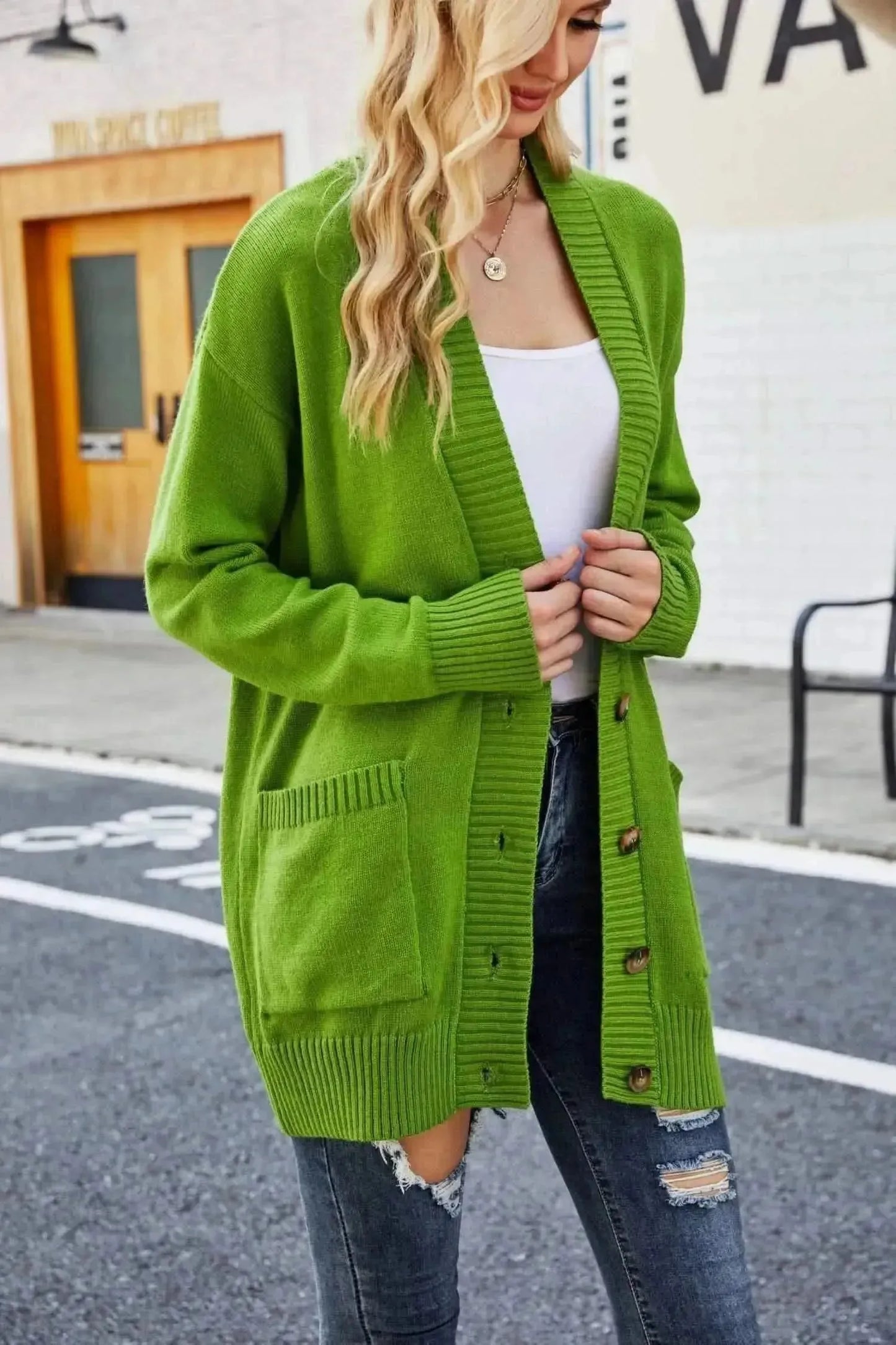 Ribbed Trim Dropped Shoulder Pocketed Cardigan - Bad Moms Club