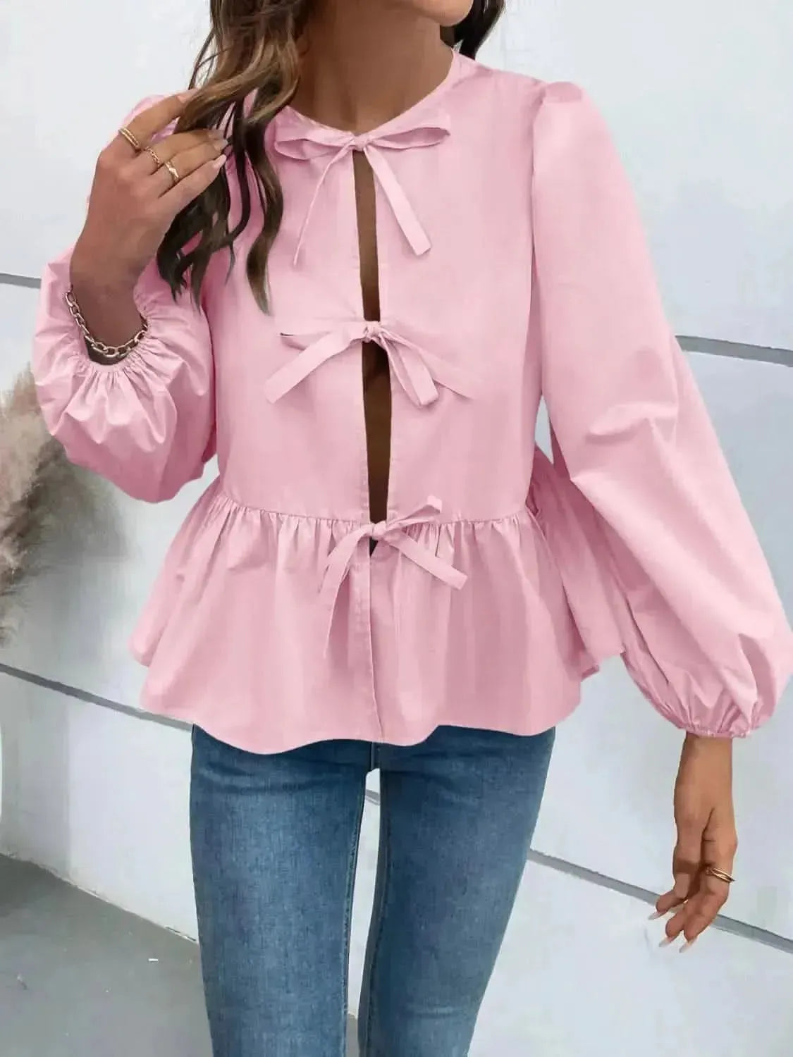Ivy Lane Peplum Tied Long Sleeve Blouse - Bad Moms Club
