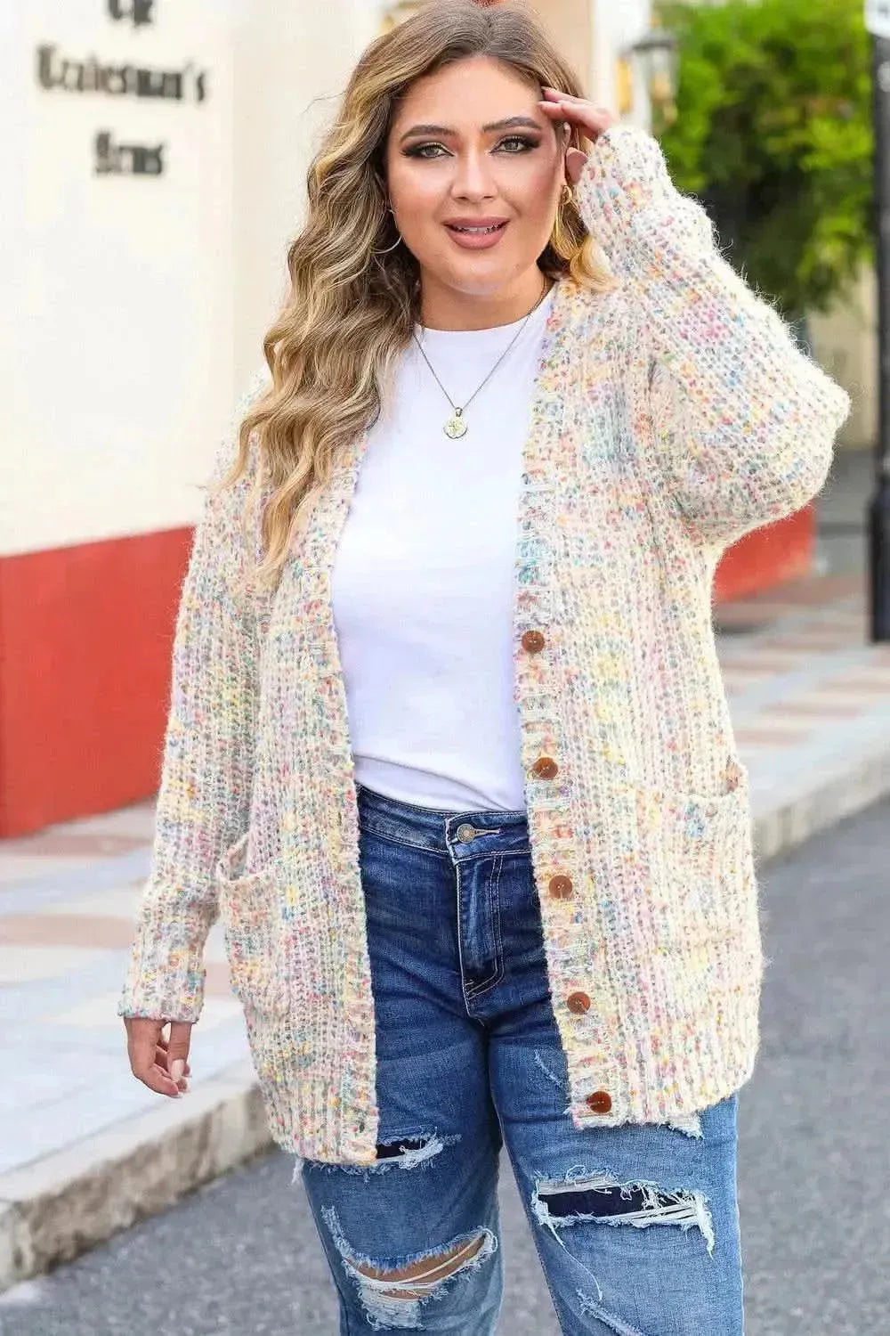 Plus Size Heathered Long Sleeve Pocketed Cardigan - Bad Moms Club