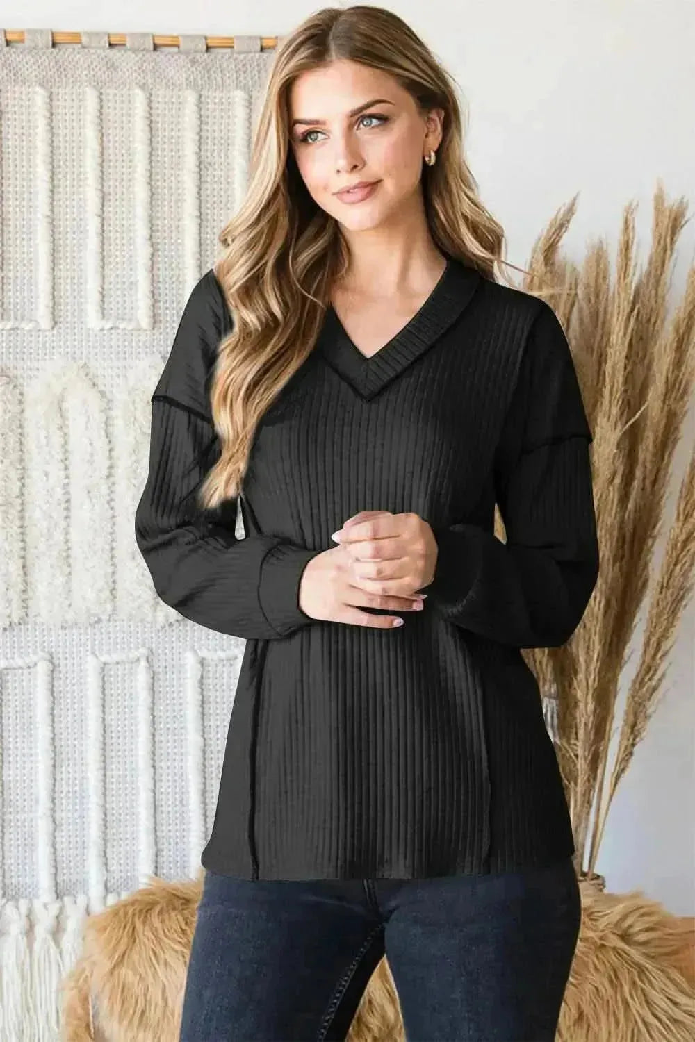 Heimish Full Size Ribbed V-Neck Exposed Seam Top - Bad Moms Club