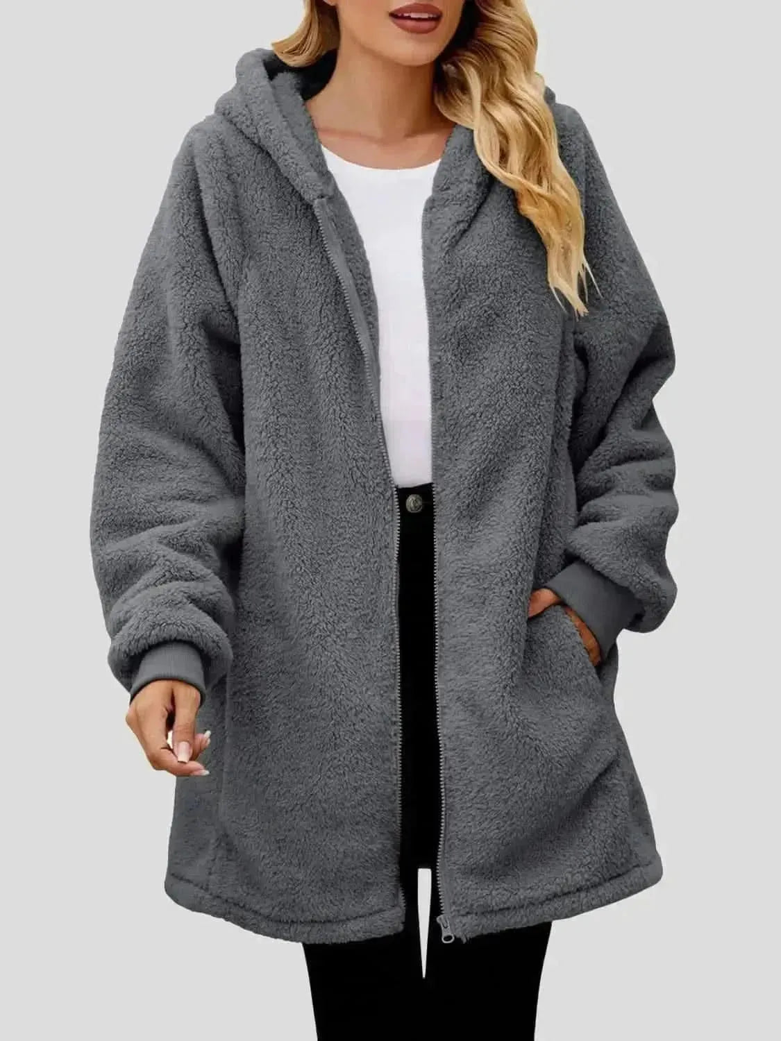 Fuzzy Pocketed Zip Up Long Sleeve Hooded Jacket - Bad Moms Club