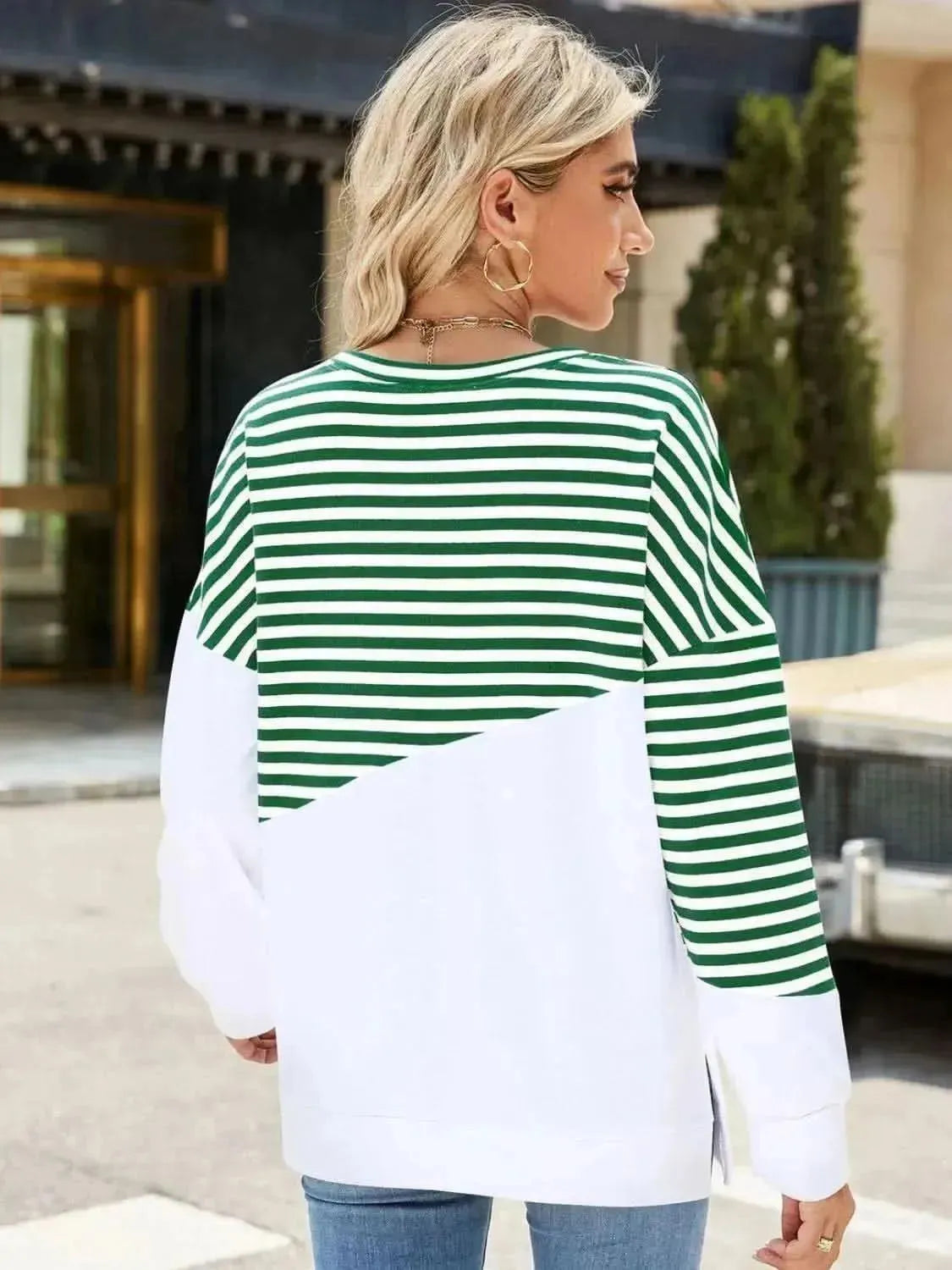 Slit Contrast Striped Long Sleeve Sweatshirt - Bad Moms Club