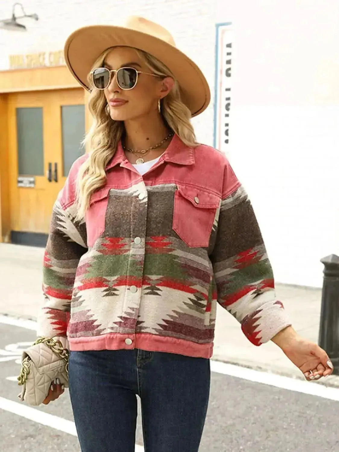 Printed Dropped Shoulder Long Sleeve Denim Jacket - Bad Moms Club