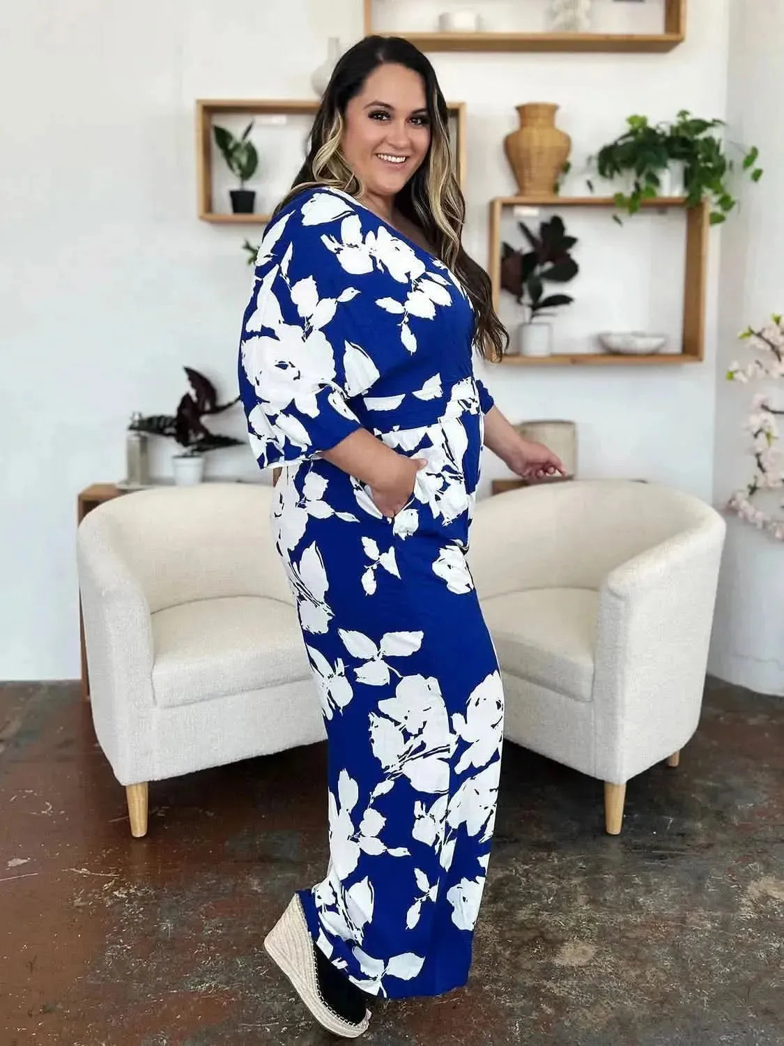 Double Take Full Size Printed Tie Back Wide Leg Jumpsuit - Bad Moms Club