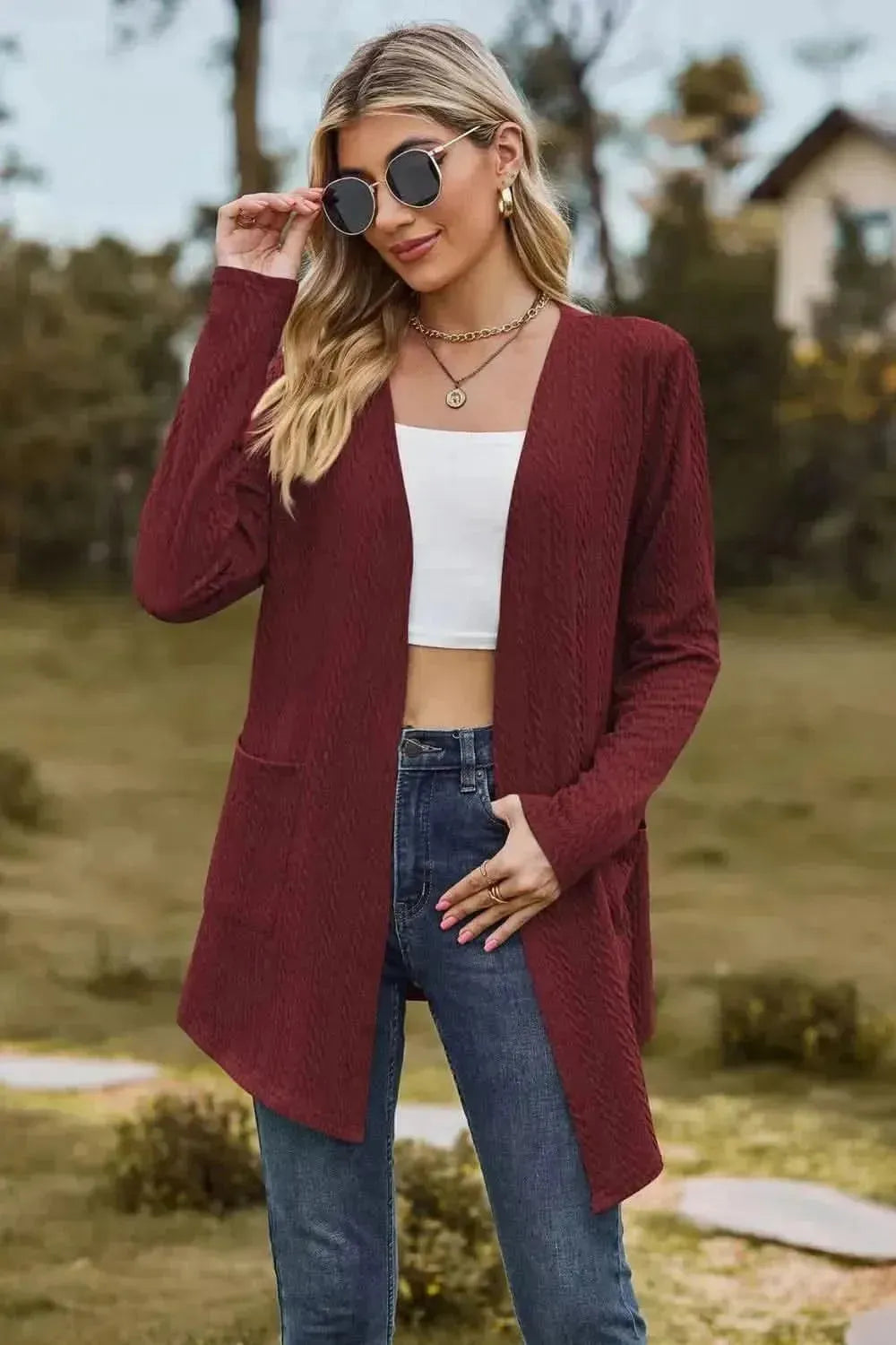 Cable-Knit Long Sleeve Cardigan with Pocket - Bad Moms Club