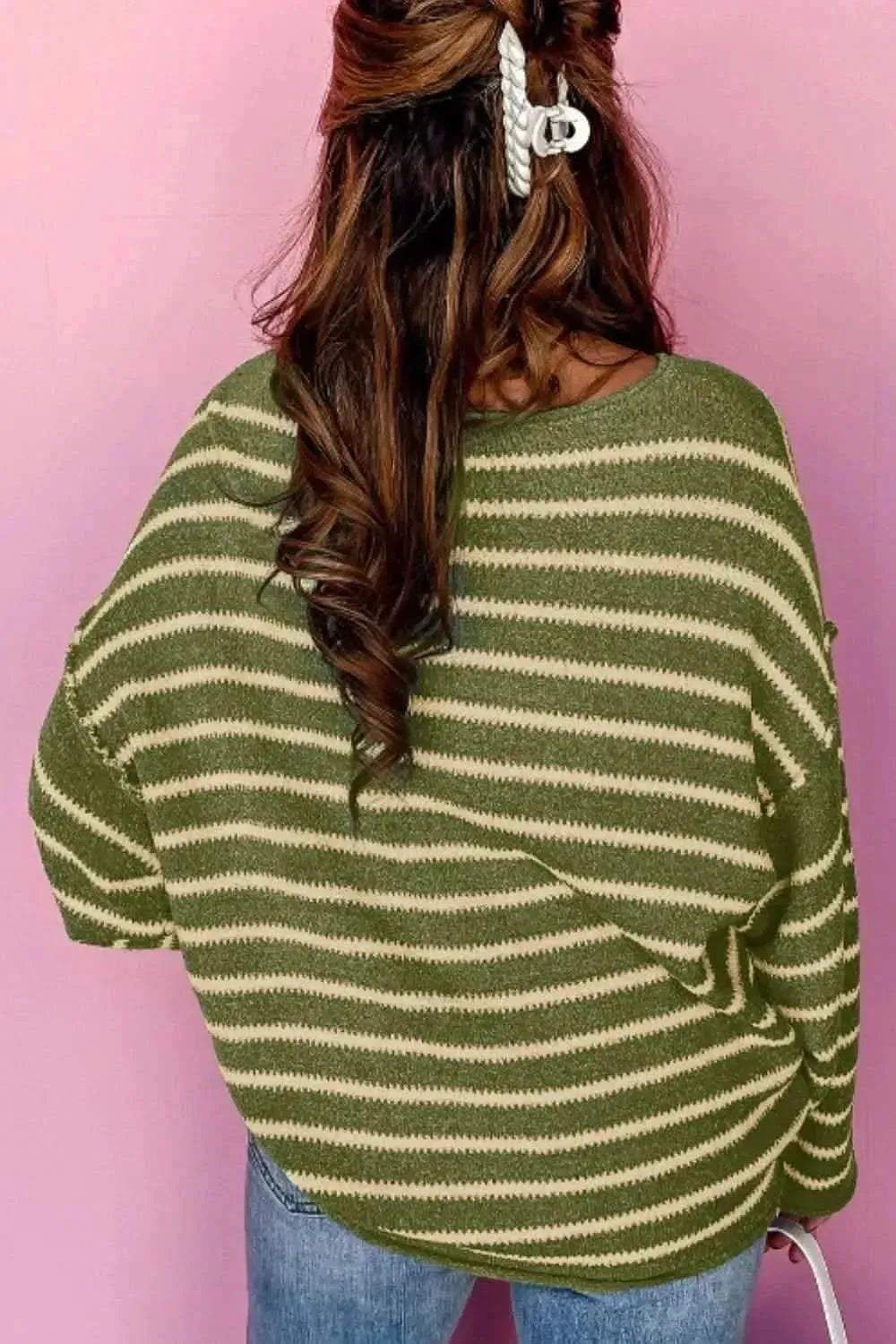 Striped Round Neck Dropped Shoulder Sweater - Bad Moms Club