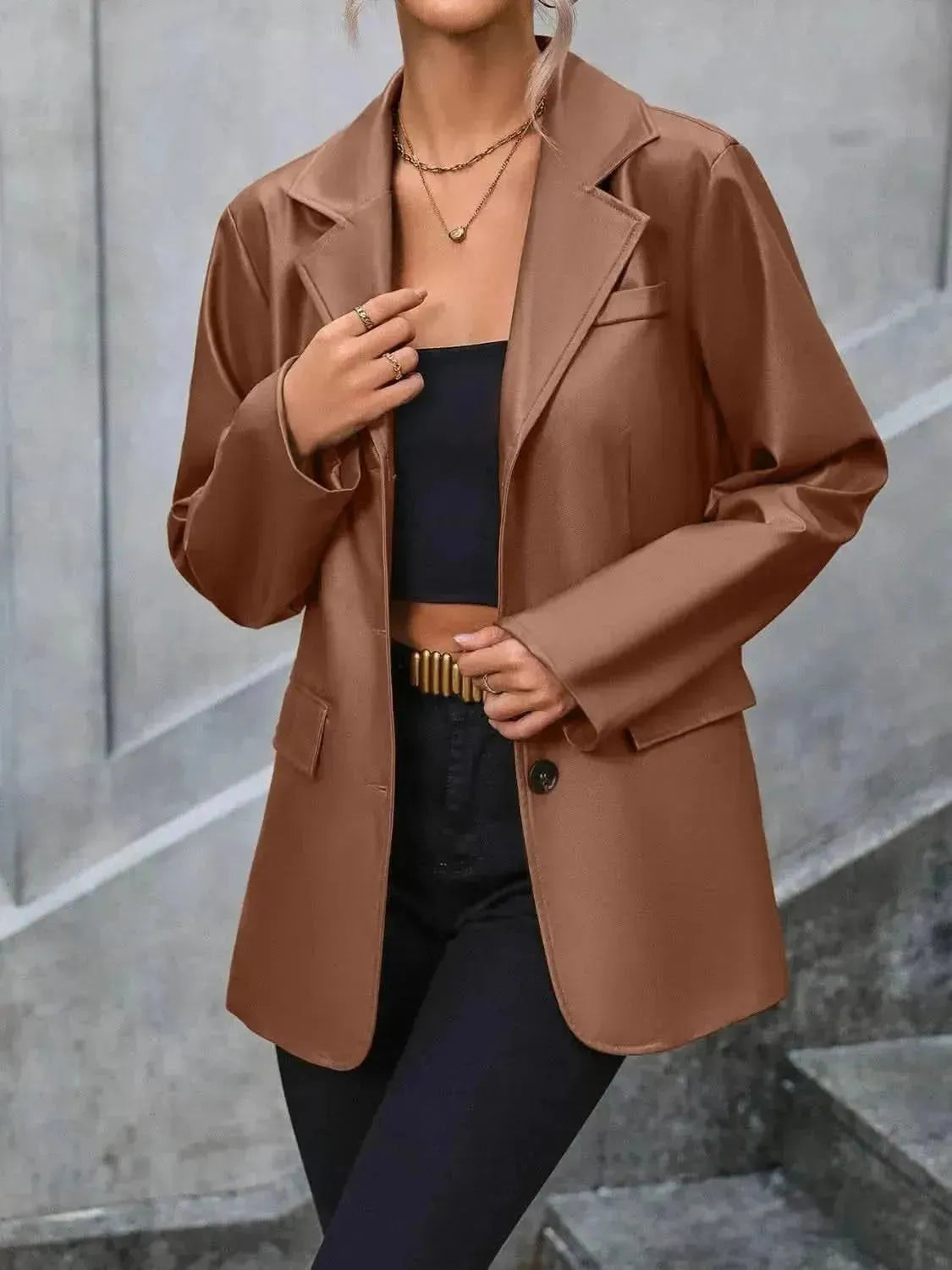Pocketed Button Up Collared Neck Blazer - Bad Moms Club