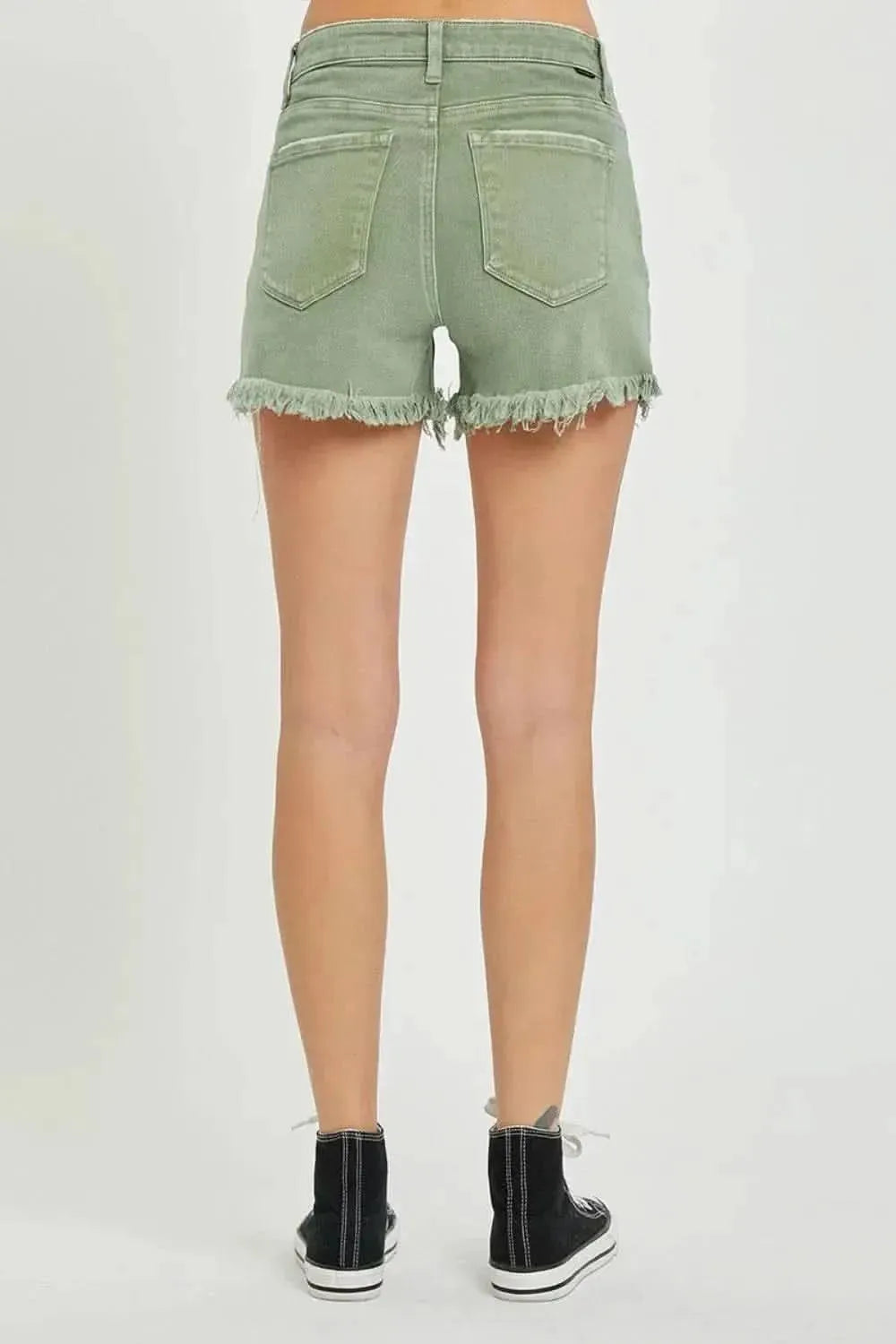 RISEN Mid Waist Frayed Hem Denim Shorts - Bad Moms Club