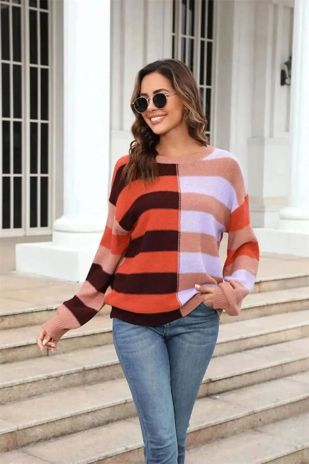 Angel Wings Round Neck Long Sleeve Color Block Dropped Shoulder Pullover Sweater - Bad Moms Club