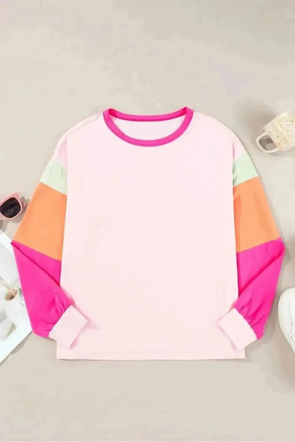 Color Block Round Neck Long Sleeve Top - Bad Moms Club