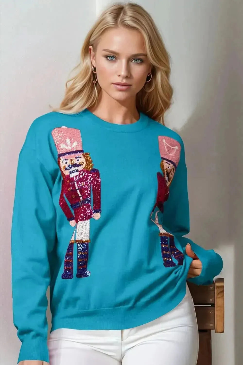 Double Take Full Size Nutcracker Sequin Long Sleeve Sweater - Bad Moms Club