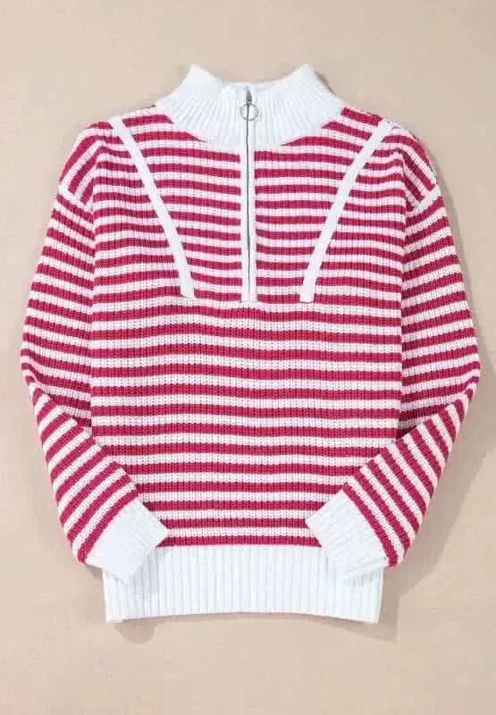 Striped Half Zip Mock Neck Long Sleeve Sweater - Bad Moms Club