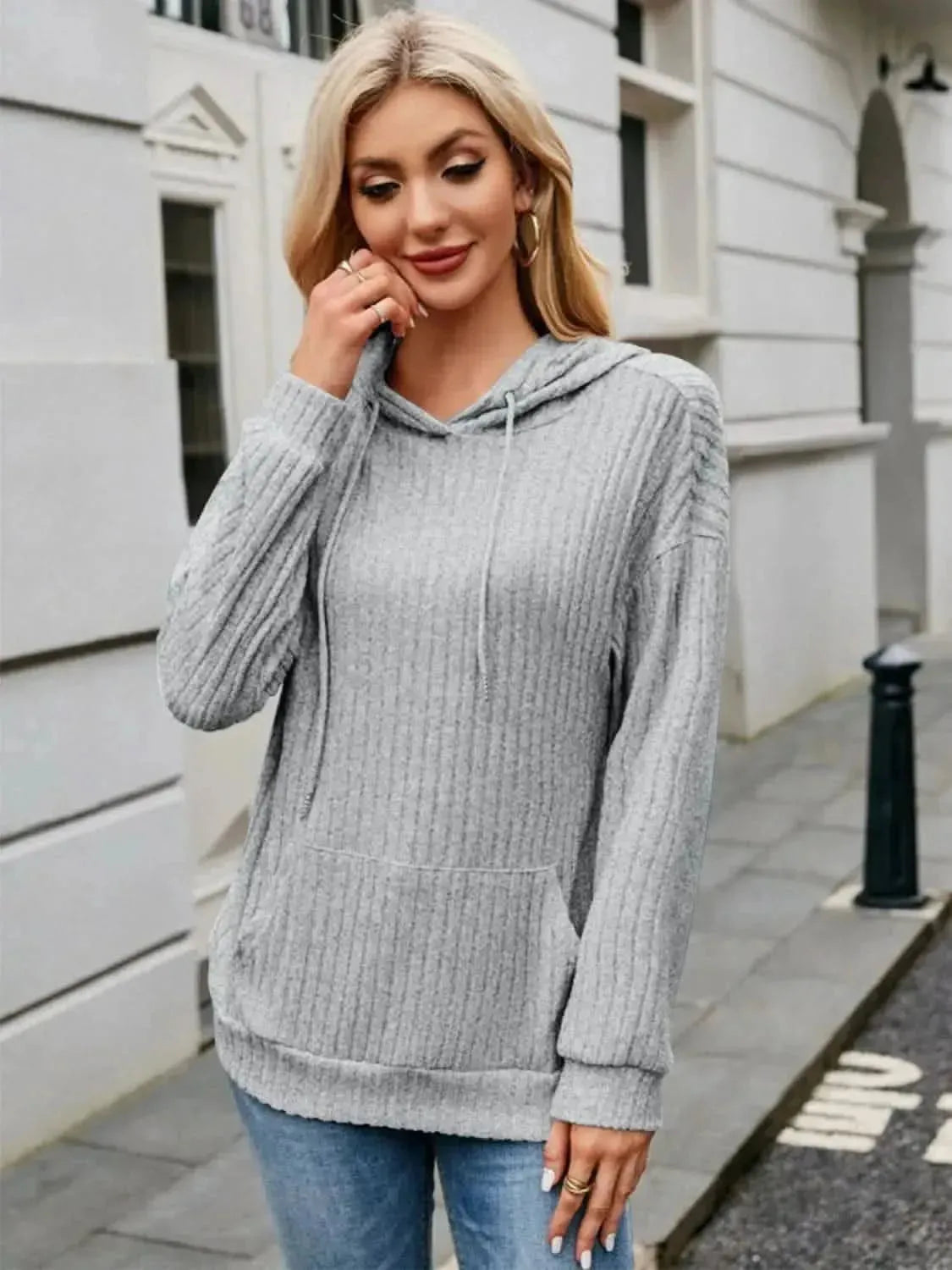 Ribbed Drawstring Long Sleeve Hoodie - Bad Moms Club
