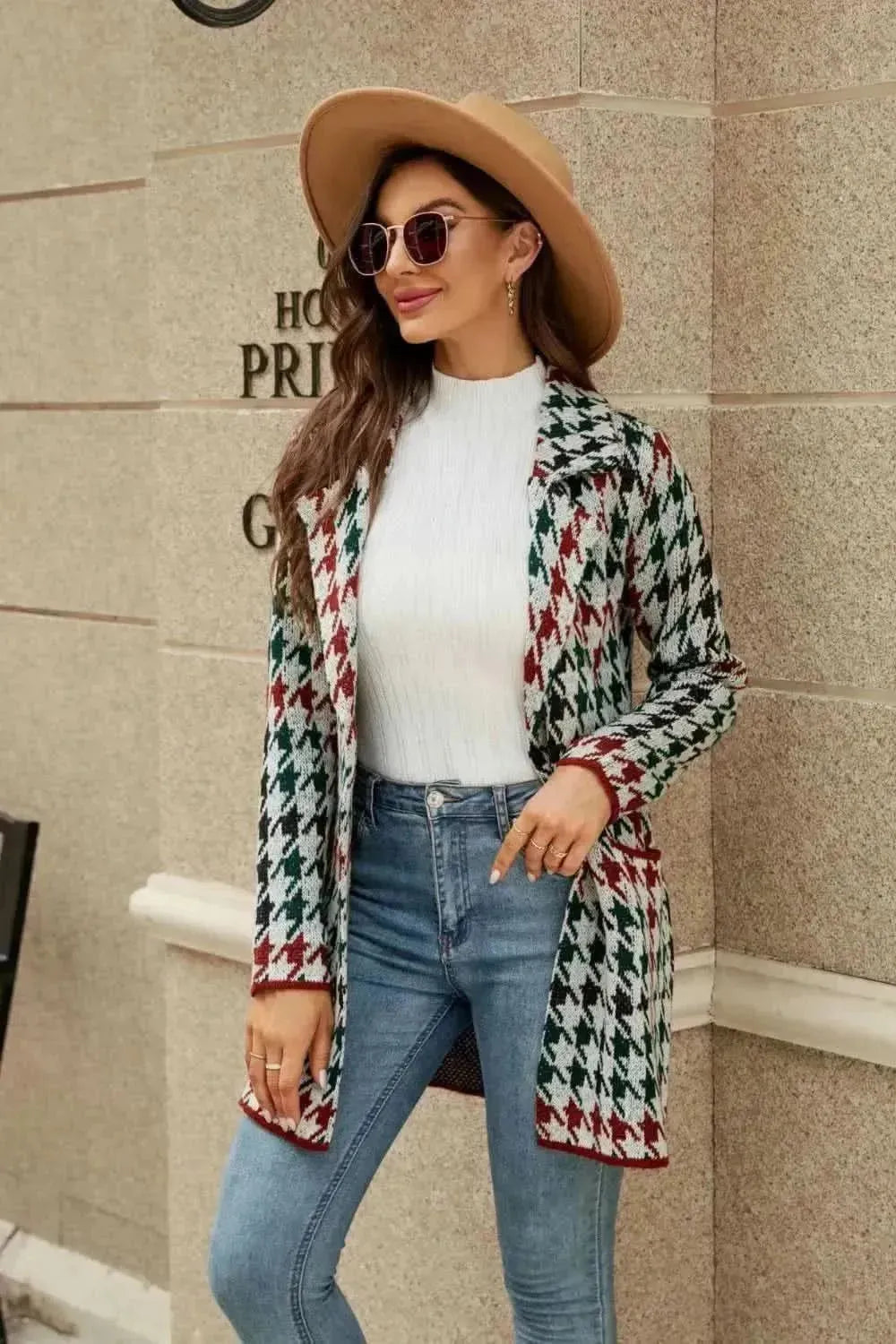 Printed Open Front Lapel Collar Cardigan with Pockets - Bad Moms Club