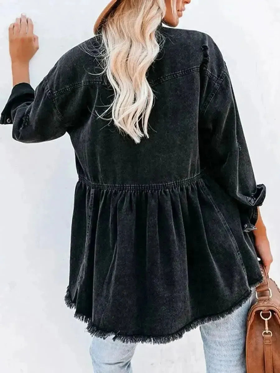 Raw Hem Distressed Denim Shacket - Bad Moms Club