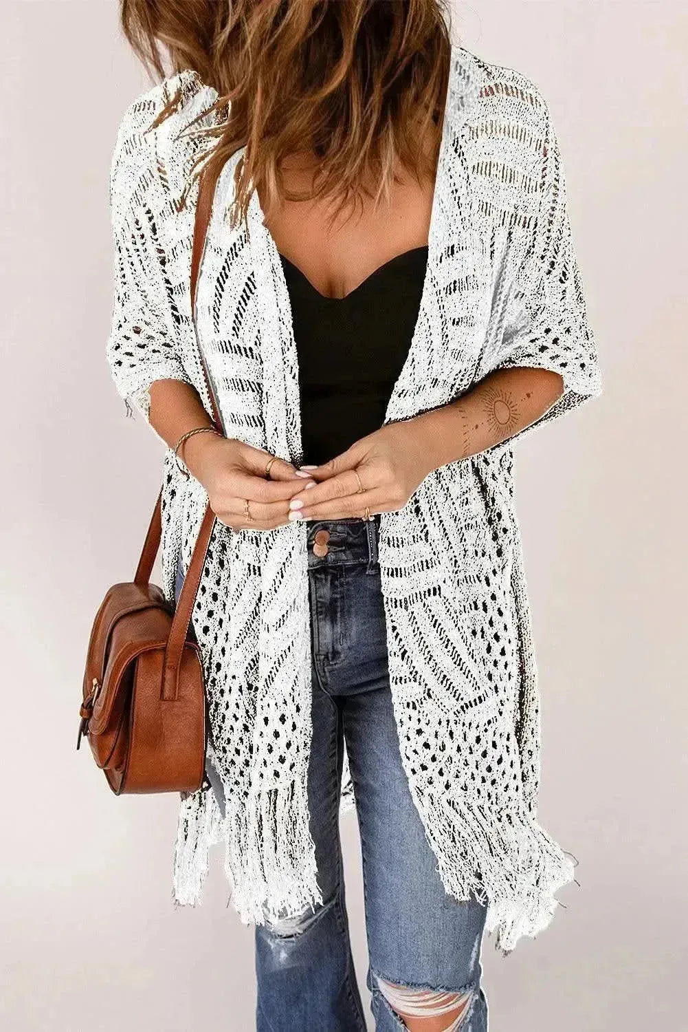 Openwork Open Front Cardigan with Fringes - Bad Moms Club