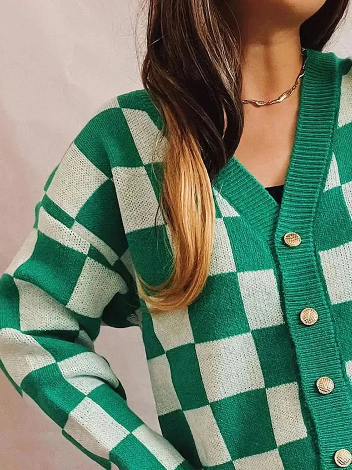 Checkered Open Front Button Up Cardigan - Bad Moms Club