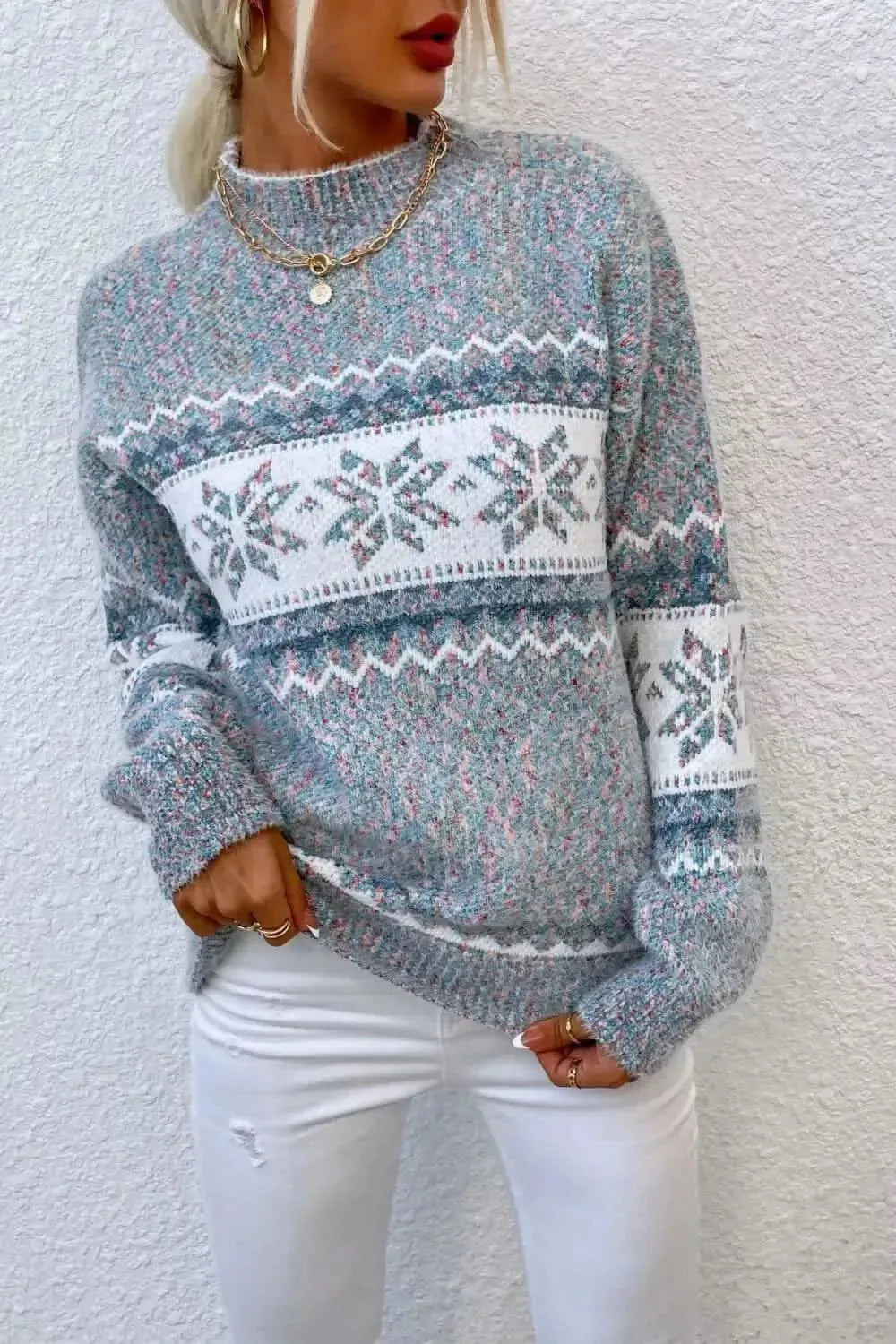 Snowflake Pattern Mock Neck Sweater - Bad Moms Club
