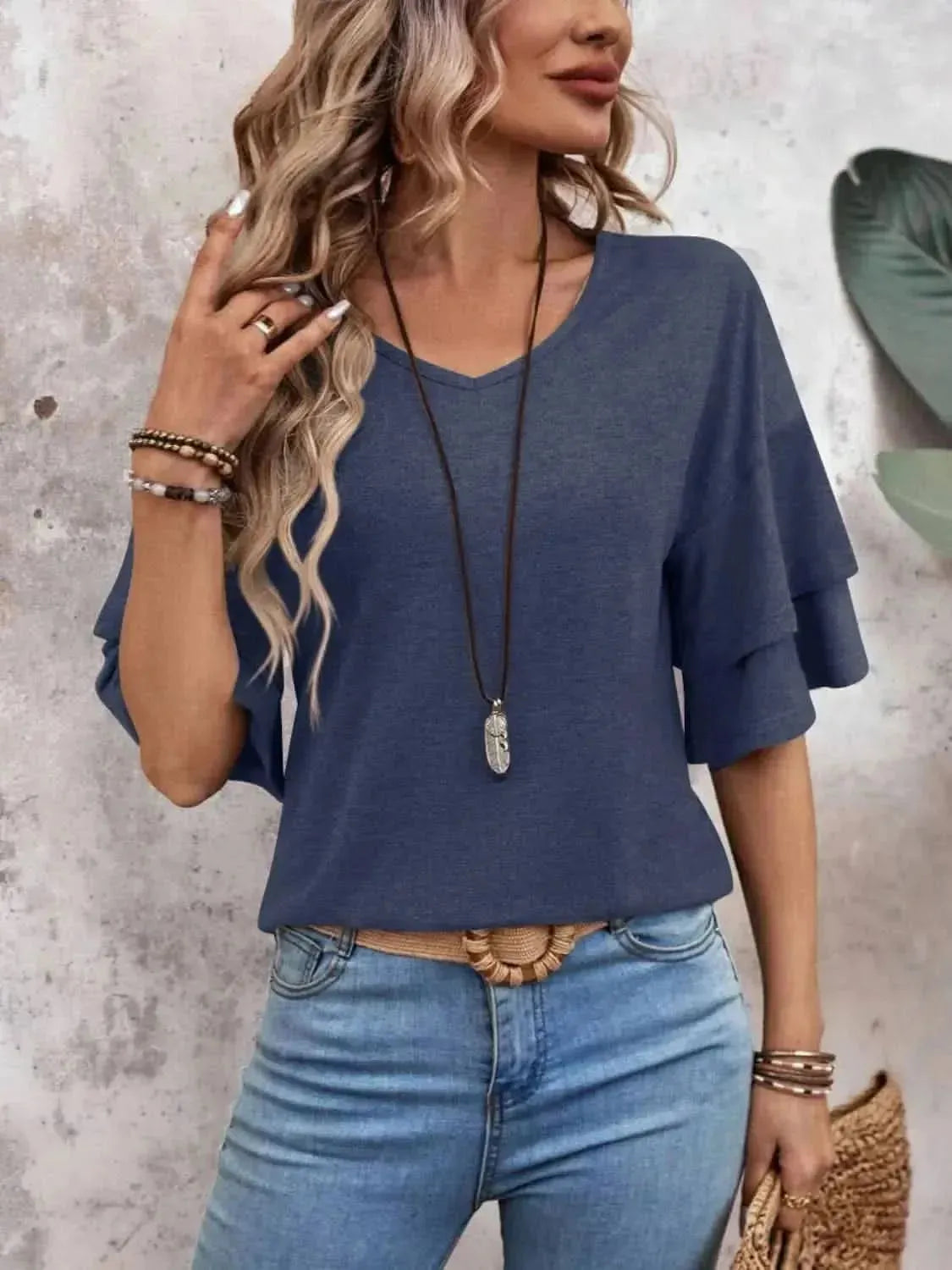 V-Neck Half Sleeve Blouse - Bad Moms Club
