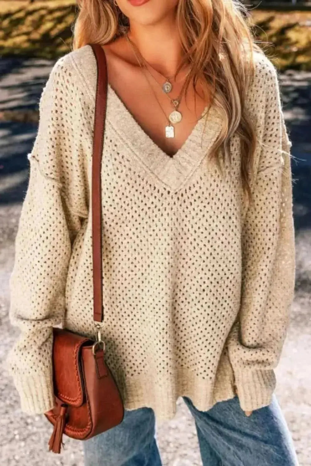 V-Neck Dropped Shoulder Long Sleeve Sweater - Bad Moms Club