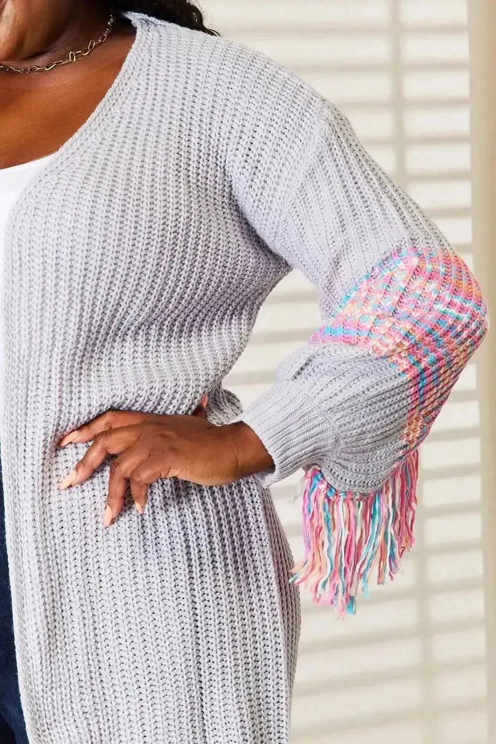 Woven Right Fringe Sleeve Dropped Shoulder Cardigan - Bad Moms Club