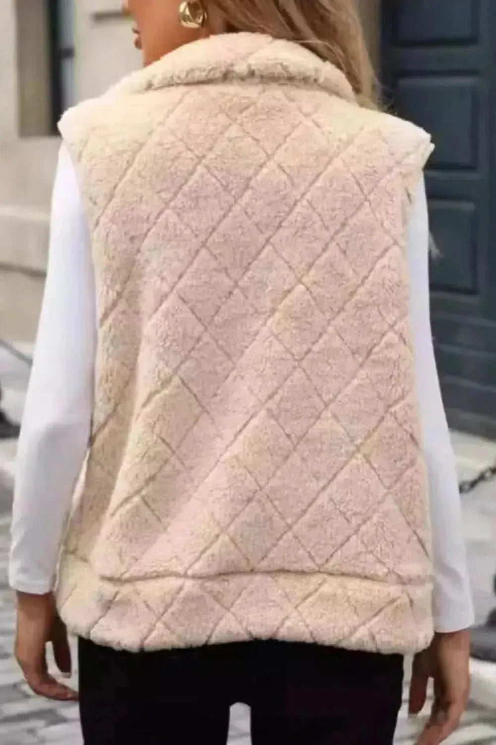 Fuzzy Plaid Texture Zip Up Vest Coat - Bad Moms Club