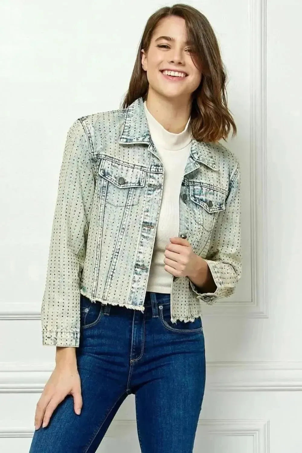 Veveret Multi Color Stripe Rhinestone Raw Hem Denim Jacket - Bad Moms Club