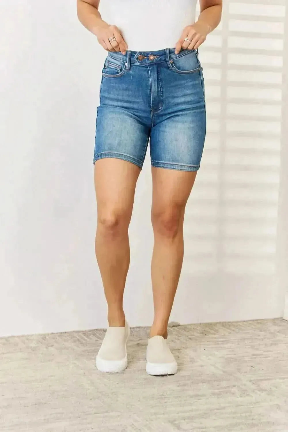 Judy Blue Full Size Tummy Control Double Button Bermuda Denim Shorts - Bad Moms Club