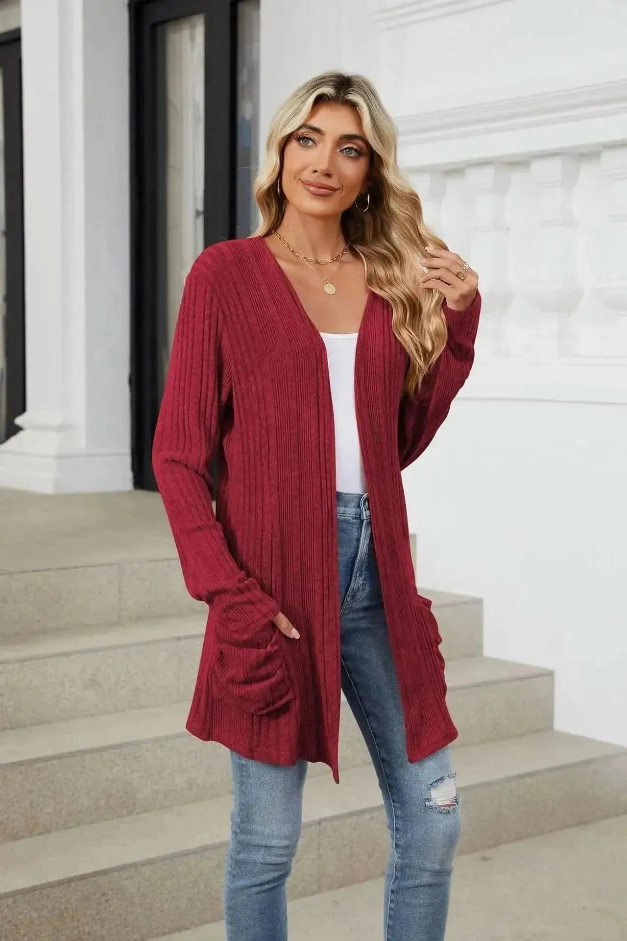 Pocketed Open Front Long Sleeve Cardigan - Bad Moms Club