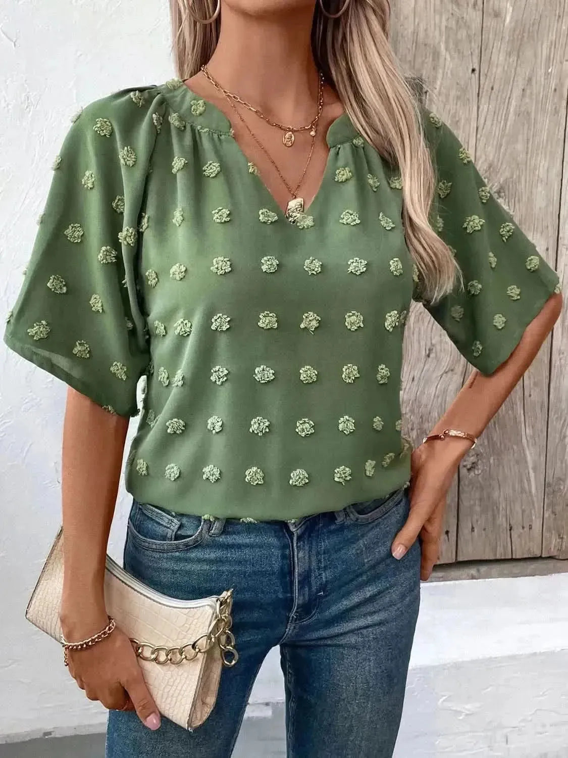 Ivy Lane Swiss Dot Notched Half Sleeve Blouse - Bad Moms Club