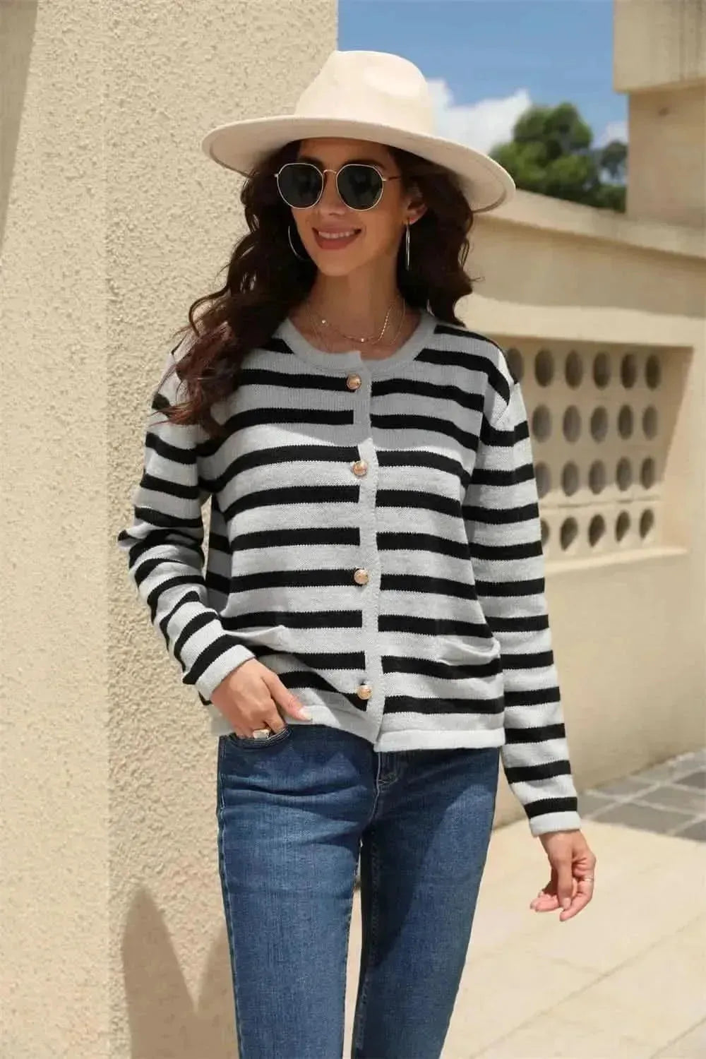 Striped Round Neck Button-Down Dropped Shoulder Cardigan - Bad Moms Club