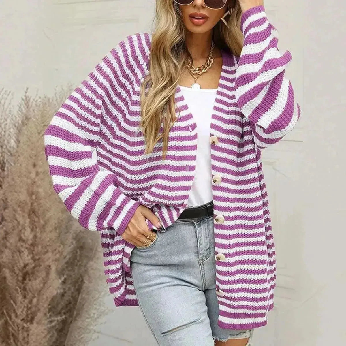Striped Button Down Long Sleeve Cardigan - Bad Moms Club