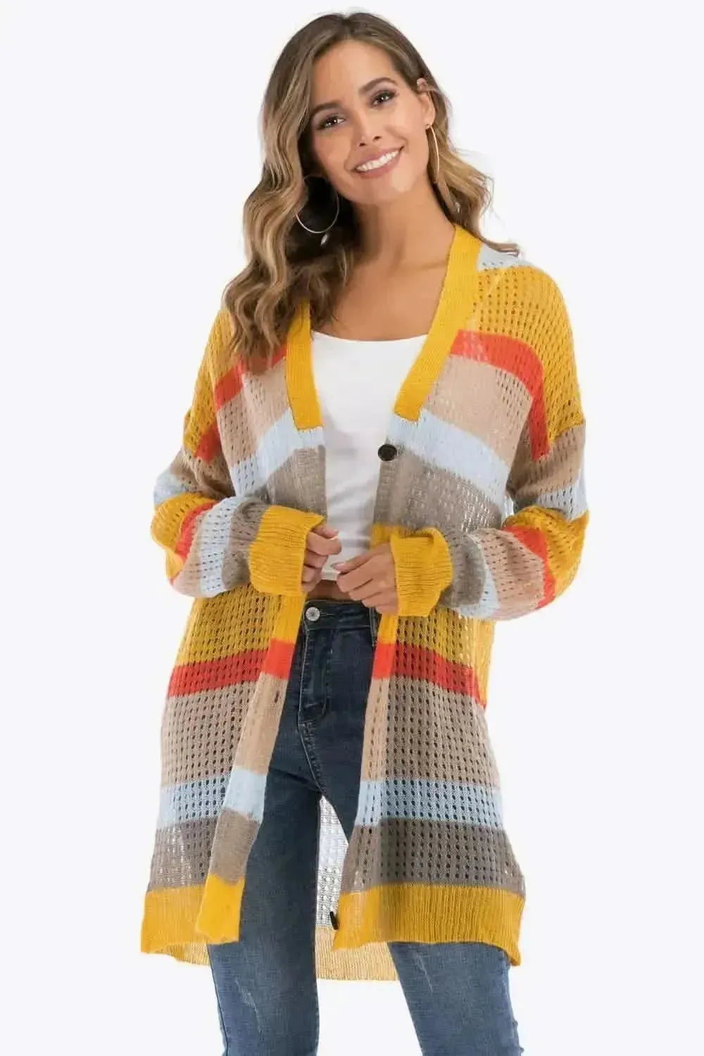 Color Block Openwork Long Sleeve Cardigan - Bad Moms Club