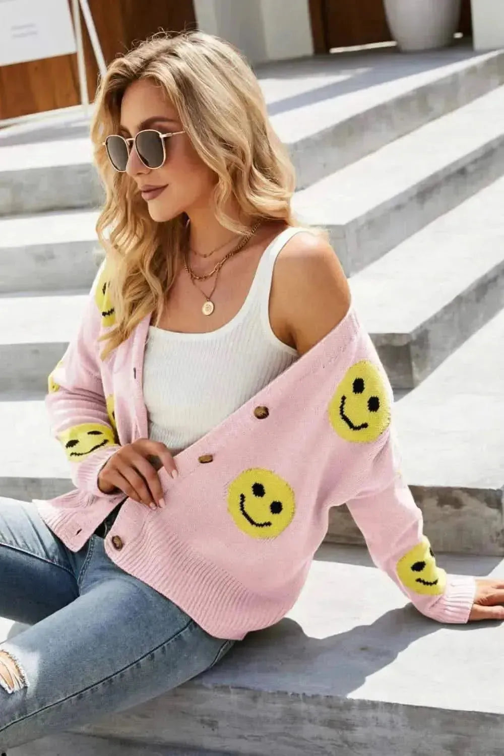 Smiley Face Ribbed Trim V-Neck Cardigan - Bad Moms Club