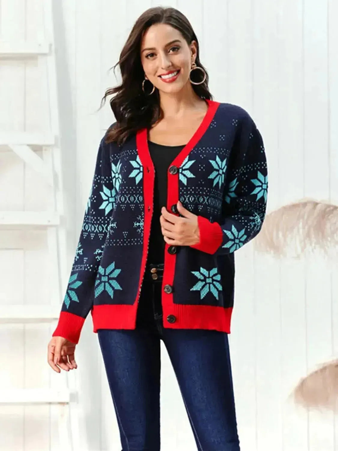 Snowflake Pattern Button Down Cardigan - Bad Moms Club