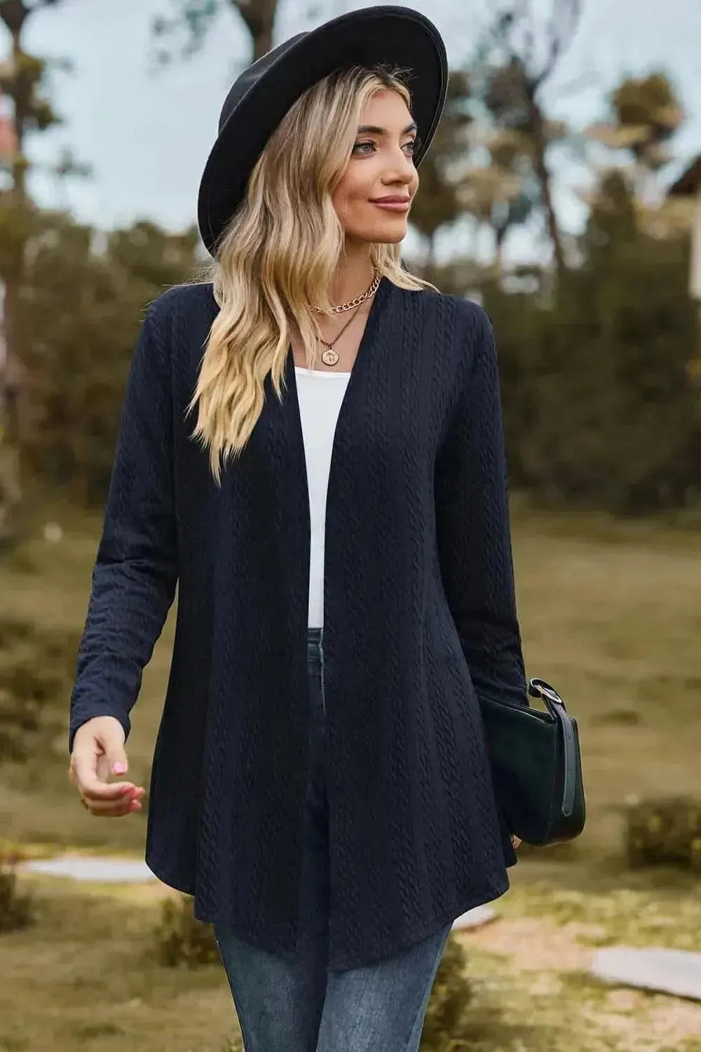 Textured Open Front Long Sleeve Cardigan - Bad Moms Club