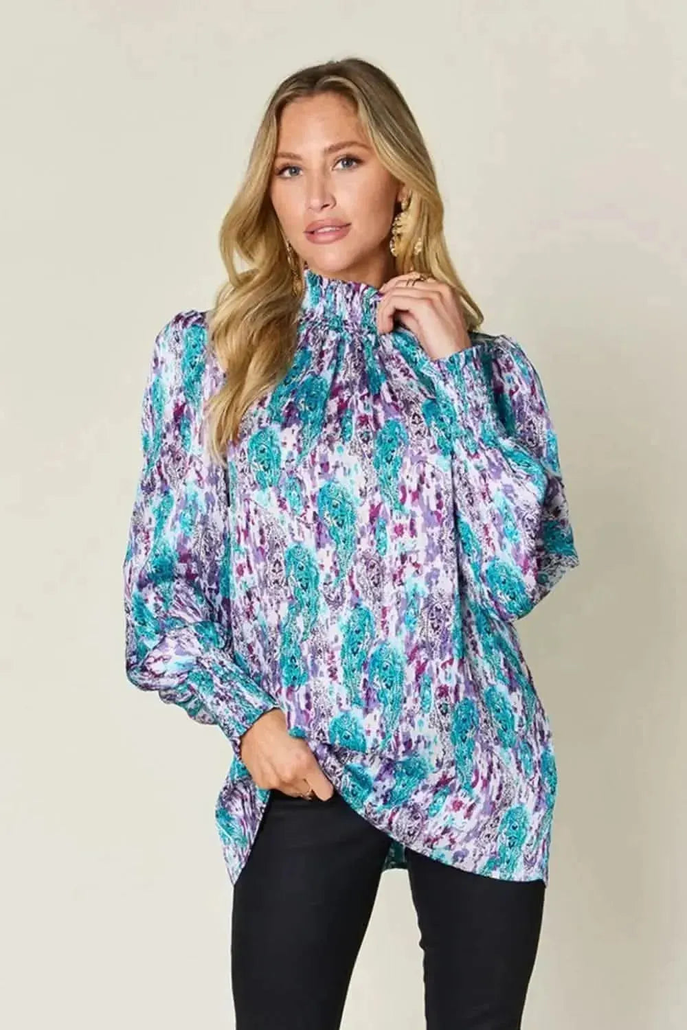 Double Take Full Size Printed Smocked Long Sleeve Blouse - Bad Moms Club