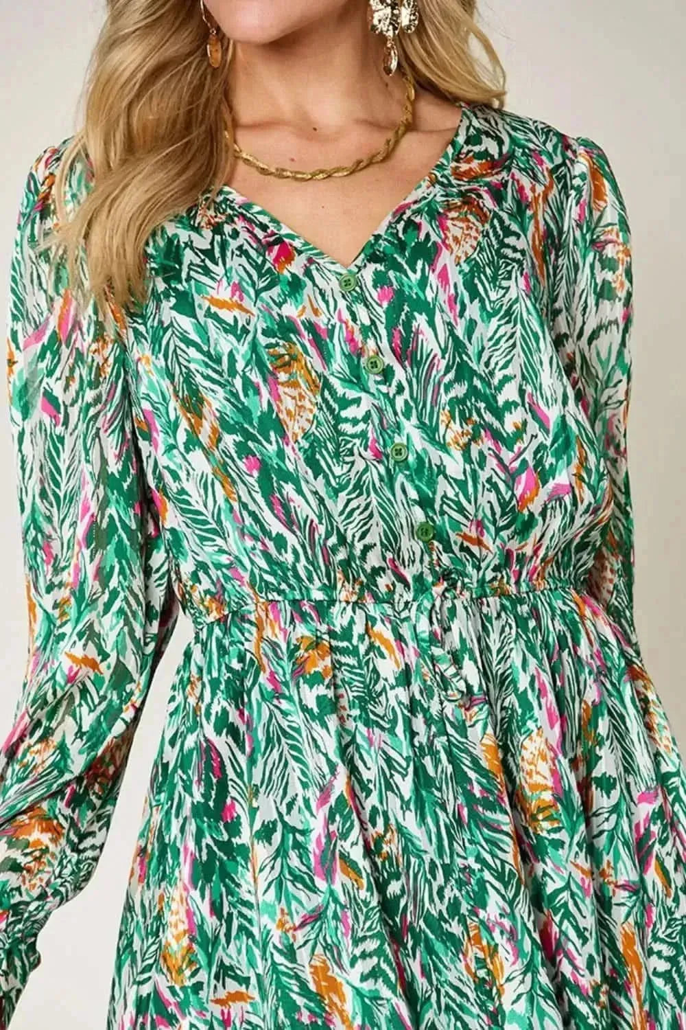 Double Take Full Size Printed Drawstring Waist Long Sleeve Dress - Bad Moms Club