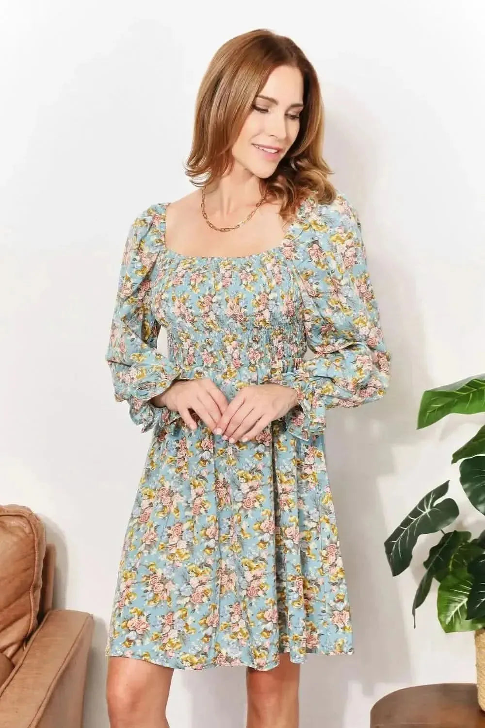 Honey Floral Smocked Flounce Sleeve Square Neck Dress - Bad Moms Club