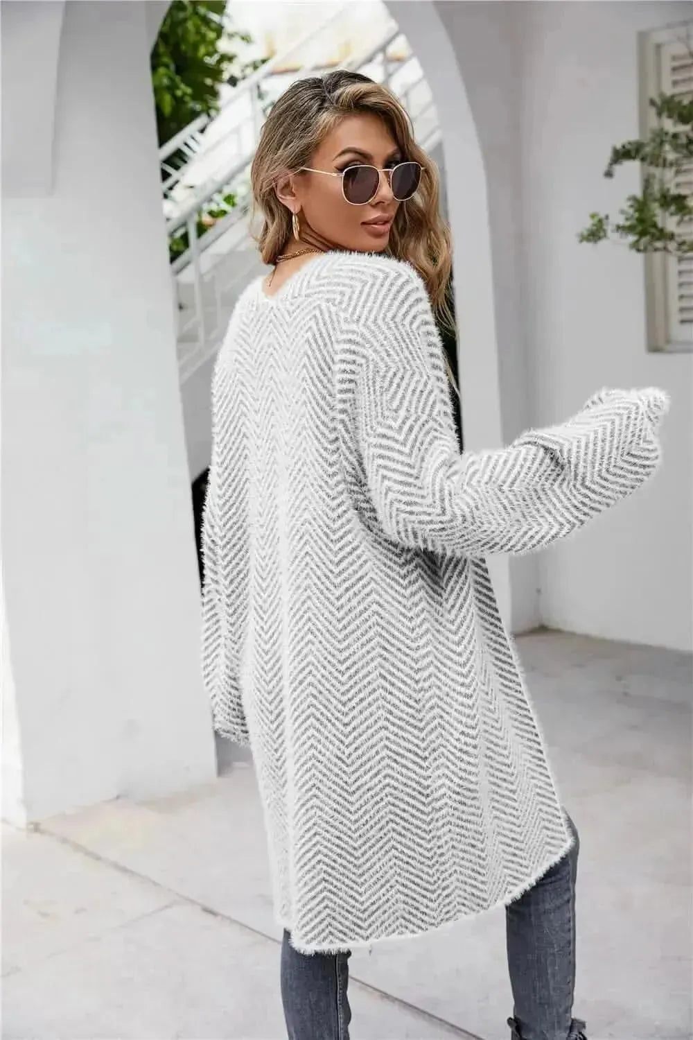 Herringbone Pattern Open Front Longline Fuzzy Cardigan - Bad Moms Club