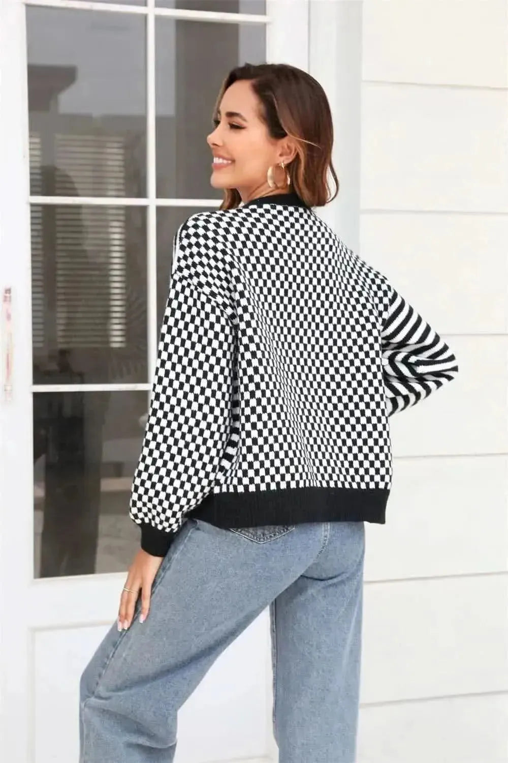 Button-Down Stripe & Plaid Contrast Pattern Cardigan - Bad Moms Club