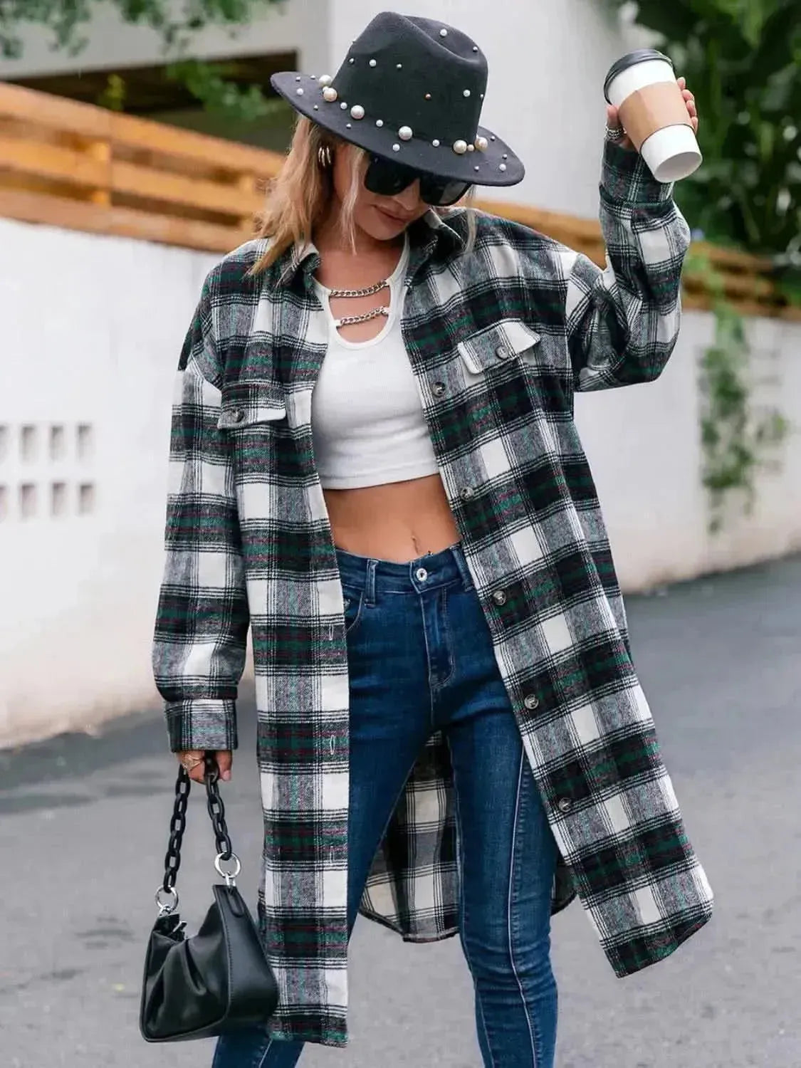 Plaid Button Up Long Sleeve Shacket - Bad Moms Club